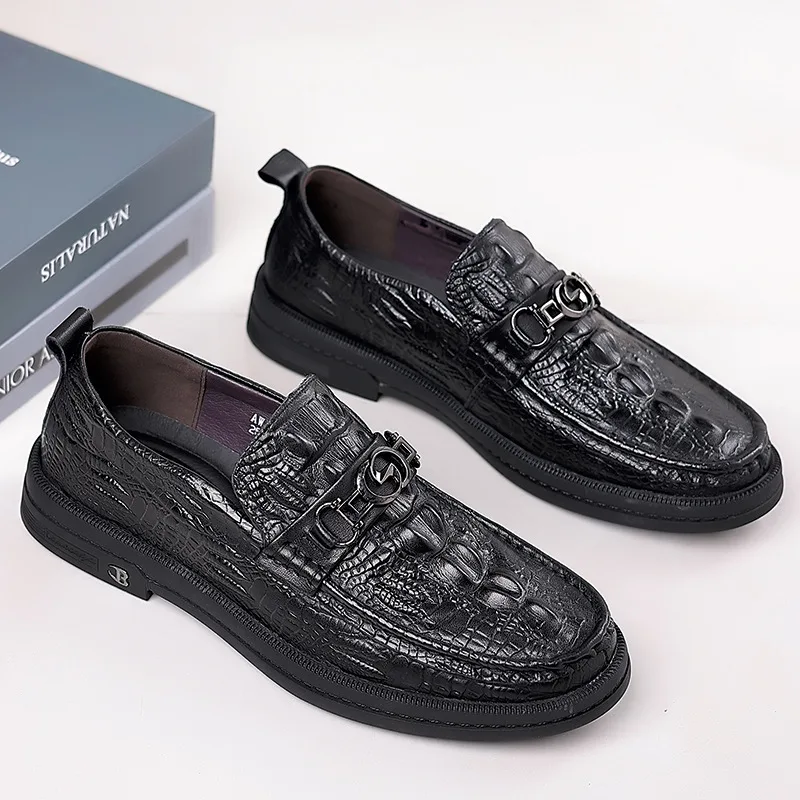 

Men Loafers Business Leather Shoes Round Top Layer Cowhide Solid Color Breathable Soft Sole Crocodile Pattern