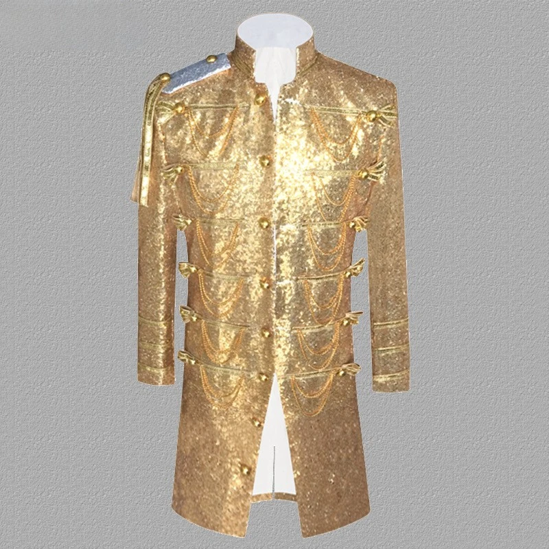 

Men's military uniform with sequin chain, palace costume, male stage performance, ceremony dress, bar and nightclub, DJ