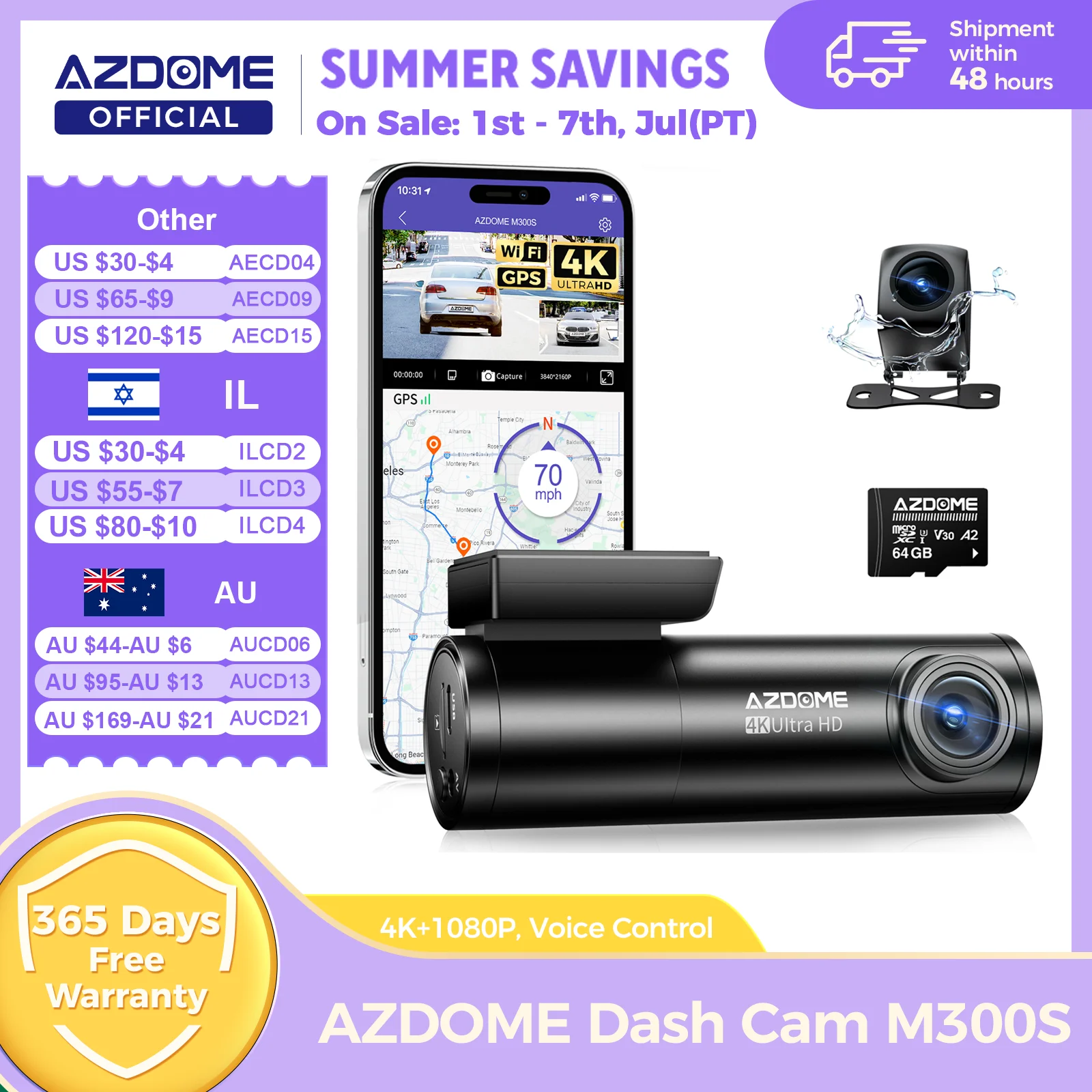 AZDOME M300S 4K Dash Cam Front and Rear, Built-in ADAS WiFi GPS Dash Camera for Cars, Free 64GB Card, Voice Control, Night Visio