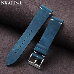 Premium Vintage Oil Wax Leather Watch Band - Handmade Stitching Cowhide Strap - 21mm (Blue)
