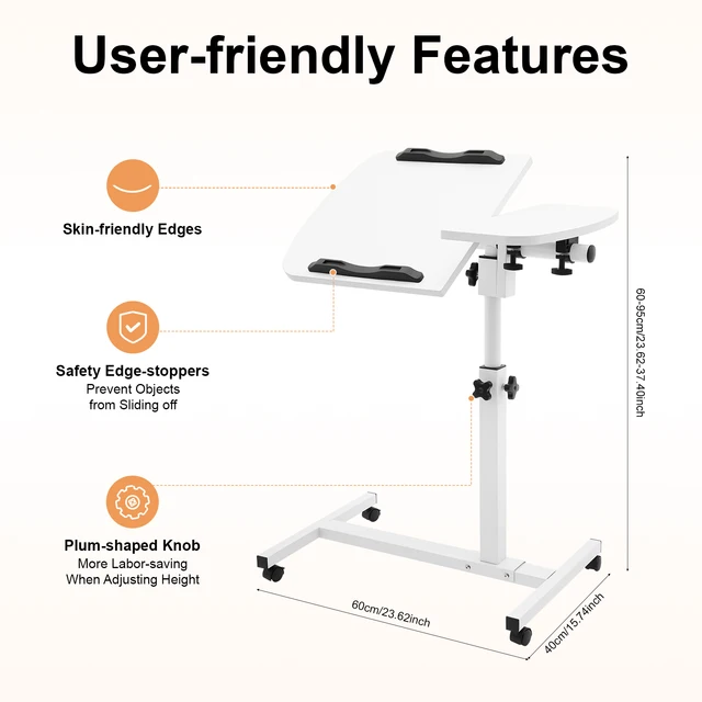 Laptop Desk Stand 360° Adjustable Tilting Overbed Table with Wheels Mobile Laptop Table Foldable Rolling Bedside Desk 60*40cm
