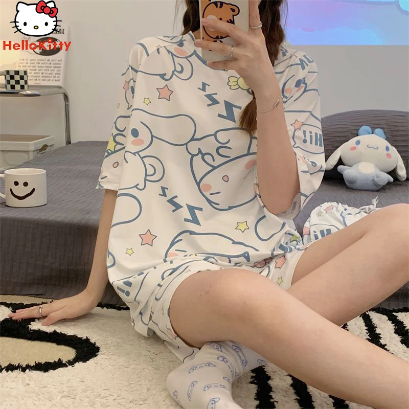 Kawaii Hot Anime Cinnamoroll Kuromi Pajamas Summer Simple Fashion Delicate Cute Casual Loose Comfortable Soft Girly Set Gift