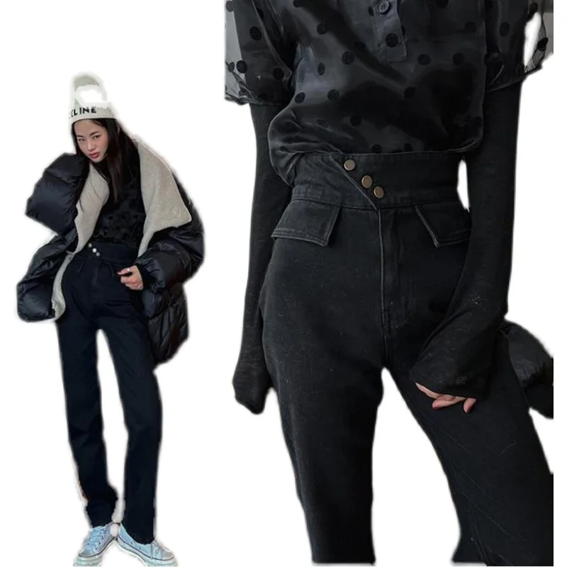 

Black Cotton Women Jeans High Waist Straight Legs Fashion Lady Denim Pants