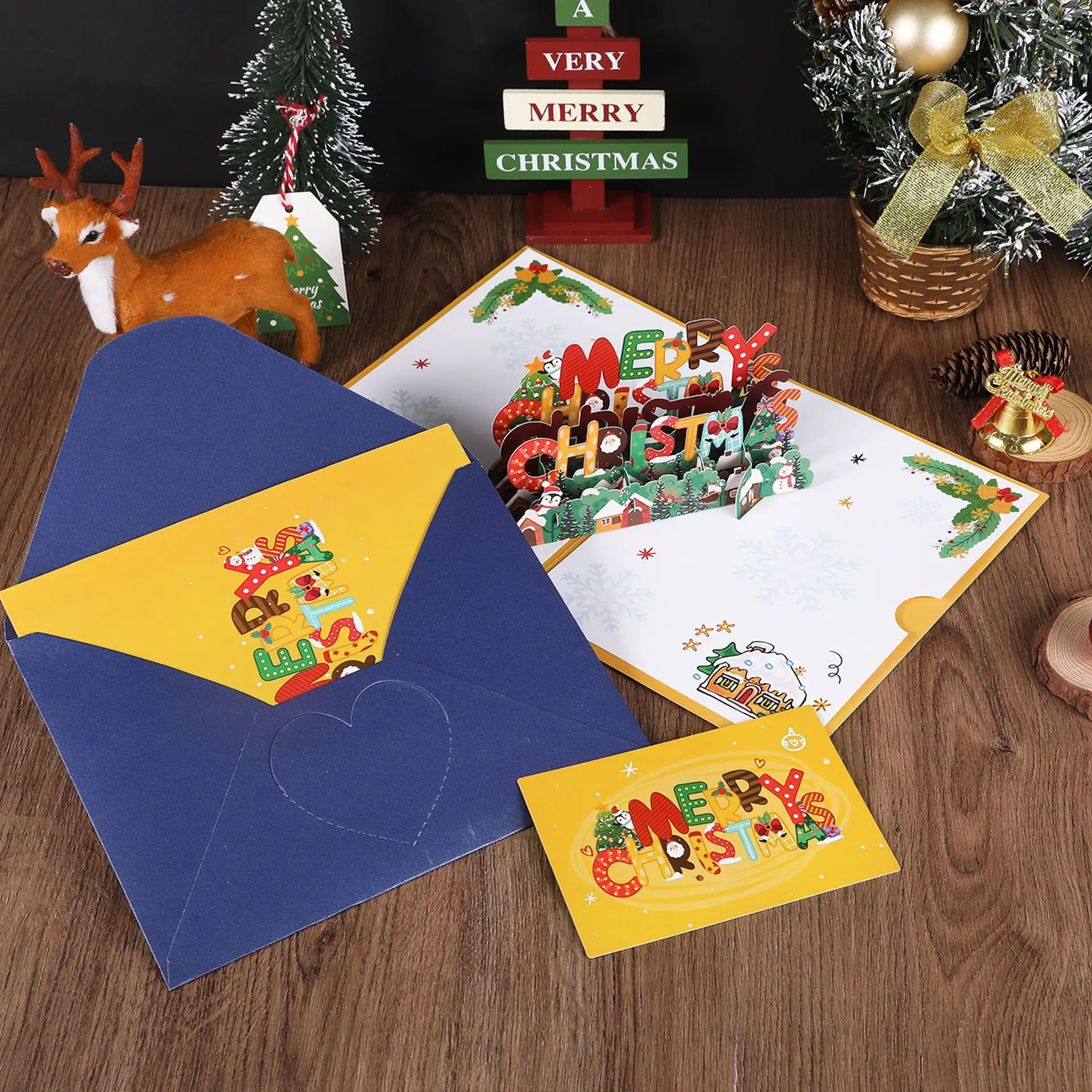 3D Pop Up Greeting Cards with Envelope Merry Christmas Friends Family Blessing Postcard for Navidad New Year Xmas Gifts Card