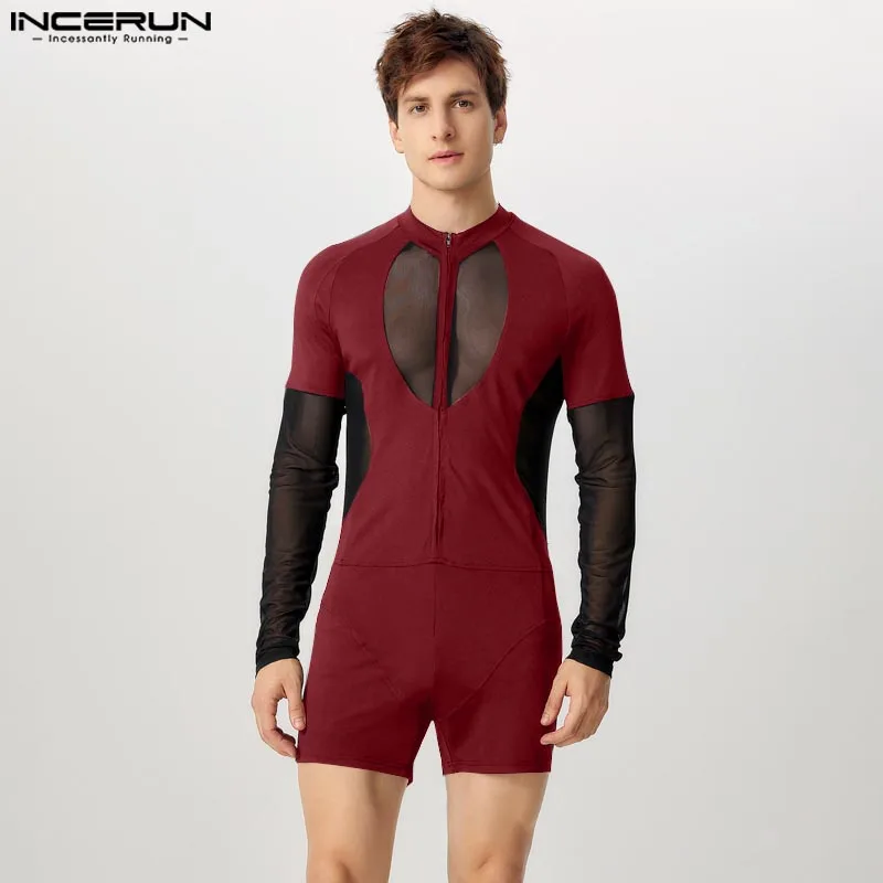 American Style Stylish Jumpsuit Men Sexy Hollow Design Splicing Mesh Jumpsuit Loungewear Male Long Sleeved Bodysuit INCERUN