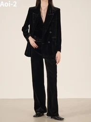 Vintage Elegant Black Velvet Suit Women's 2023 Fall/Winter Blazer Coat+Slim-Fit Vest+Straight Pants Fashion Commuter 3-Piece Set