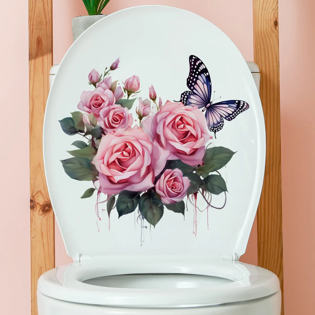 30*30cm Creative Pink Rose Flower Butterfly Toilet Sticker Bathroom Home Decorative Toilet Sticker Toilet Lid Printed Ms4371
