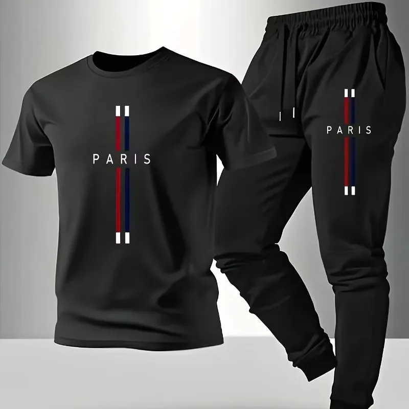 Men's casual home set - stylish round-neck letter-printed t-shirt and pants for couples Made of stretch fabric Regular style