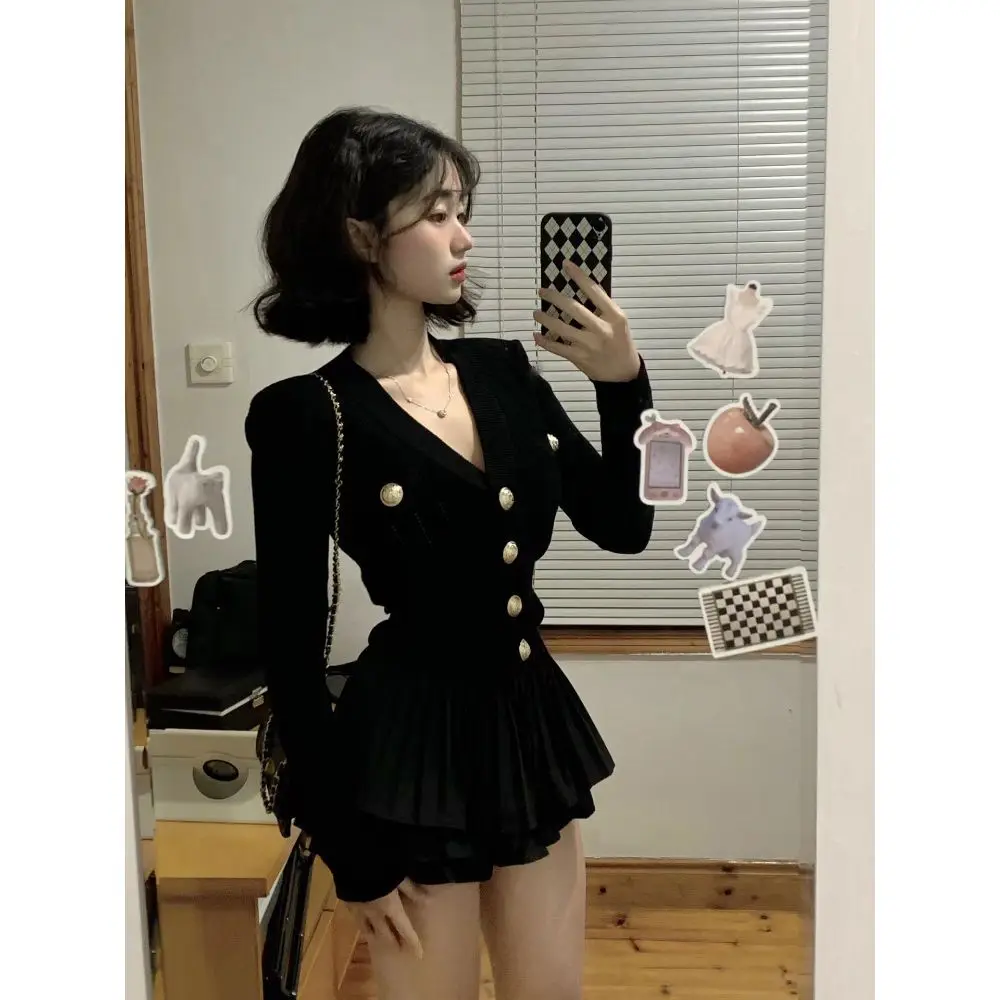 Autumn Korean Fashion Knitted Two-piece Skirt Set Women Casual Single Breasted V-neck Sweater Mini Ruffles Skirt Y2K New Outfits