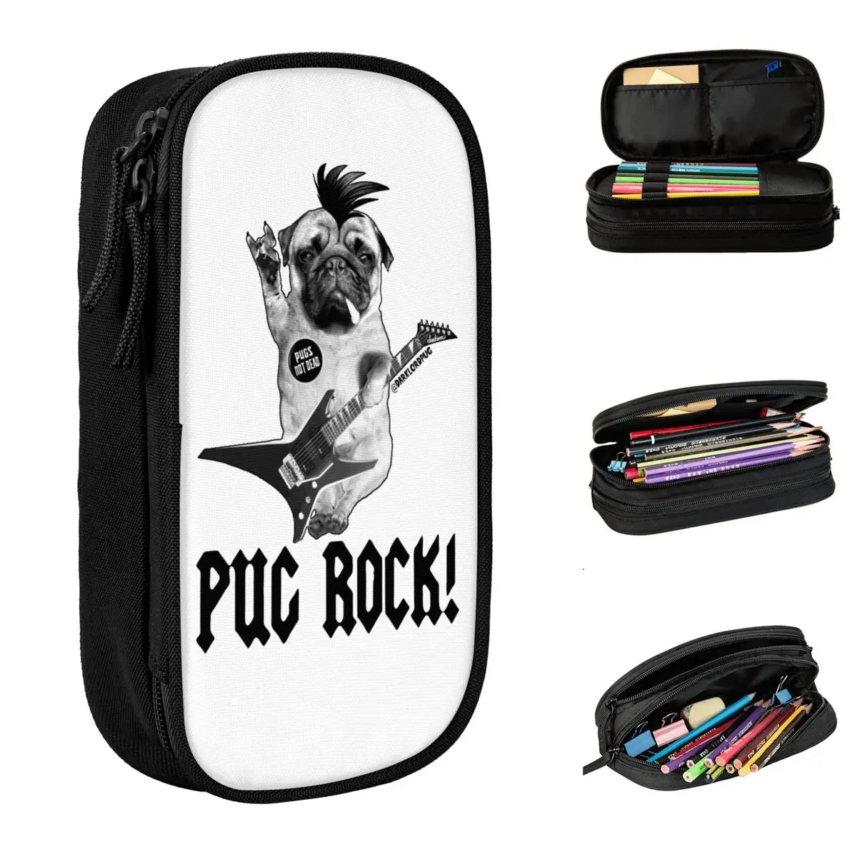 

PUG ROCK Music Pencil Case Dog Pencilcases Pen Holder for Girl Boy Large Storage Bag Office Gifts Stationery