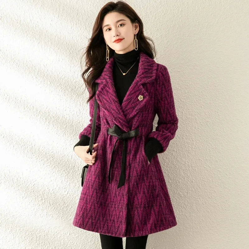 

Woolen Coat Women's Long 2023 New Autumn Winter Jackets Warm Long Thicken Woolen Jackets Female Purplish Red Oversize Outerwear