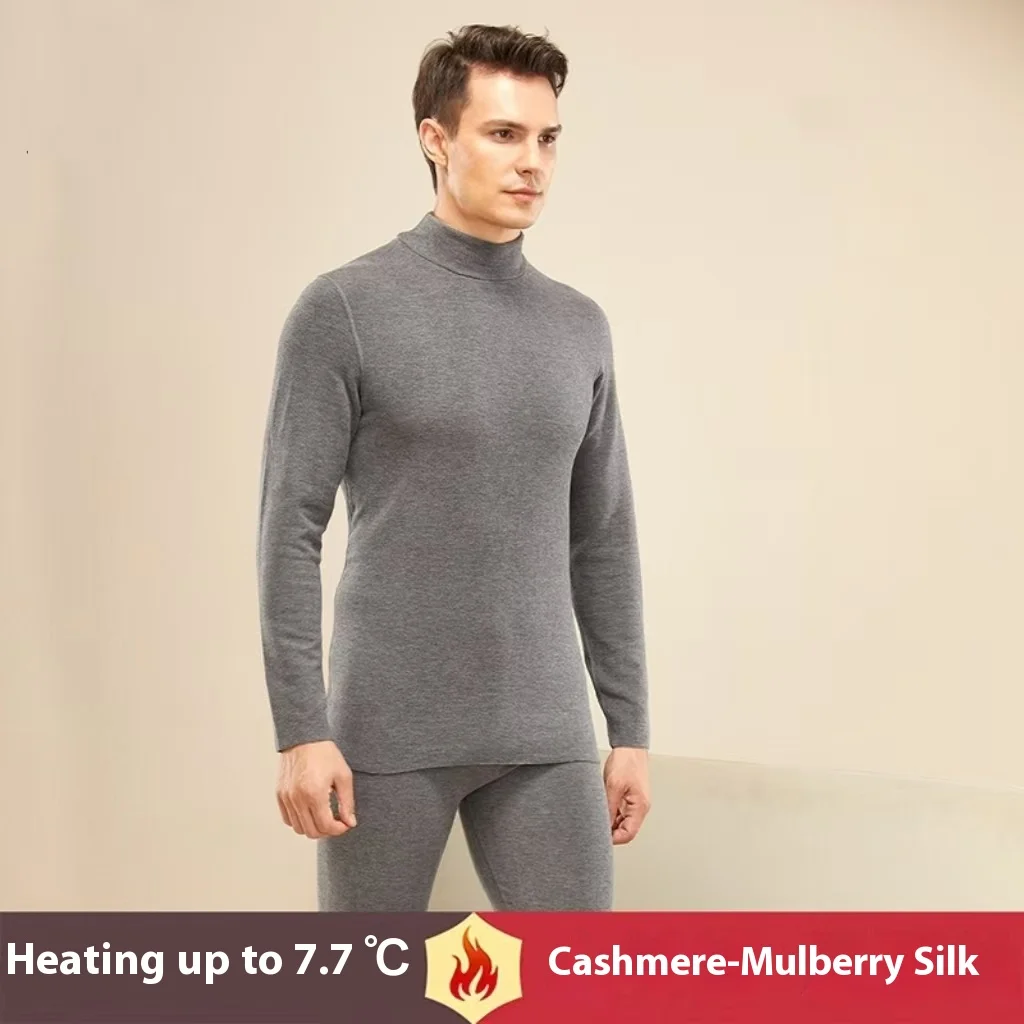 Cashmere Silk Semi-High Neck Thermal Underwear Pants Suit Couple Fall Thickened thermal underwear set thermal underwear