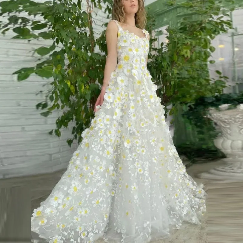 Exquisite Long Tulle Prom Gowns Floral 3D Appliques Yellow Flower