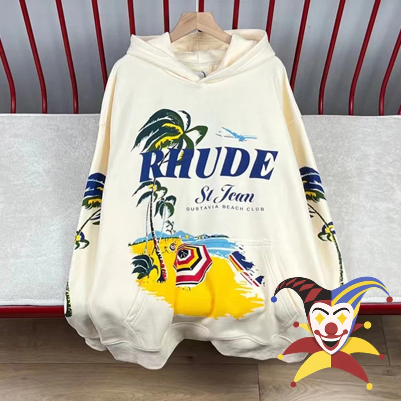 

Apricot Black Coconut Tree Beach Rhude Hoodie Men Women Patchwork Pullover With Tags