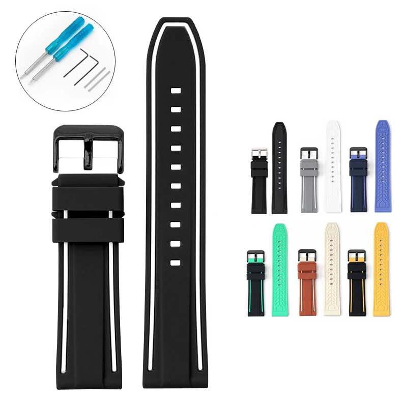 Dual-Color 22mm Waterproof Diving Silicone Watch Strap with Tool Kit