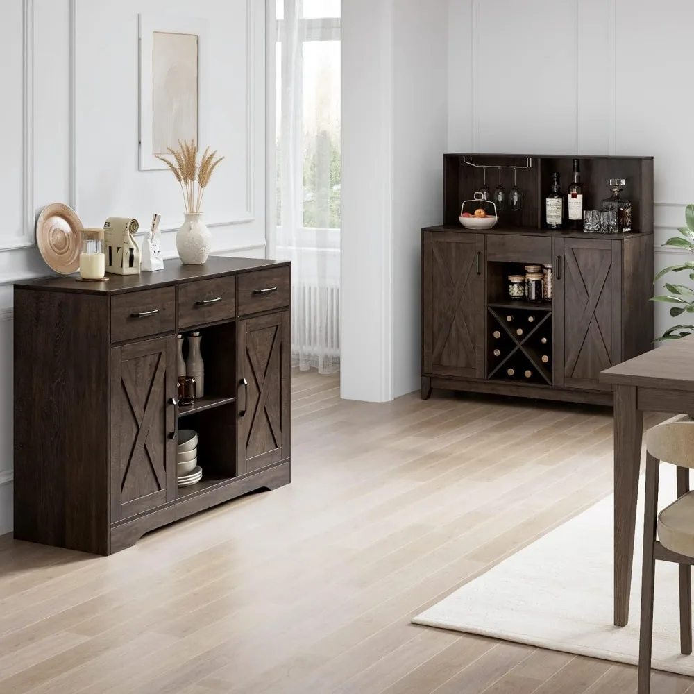 Modern Farmhouse Coffee Bar Cabinet Barn Doors Wine Liquor Bar Cabinet Storage Hutch Kitchen Sideboard Buffet Dark Brown
