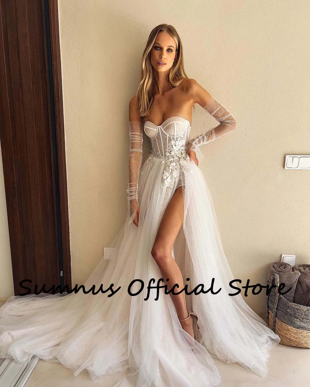Sumnus White A Line Glitter Boho Wedding Dresses 3D Flowers Corset Sweetheart High Split Sexy Bohemian Bride Dress Tulle Train
