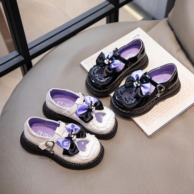 Description Picture 4 of itemGirls Leather Shoes for Party Wedding Kids Cartoon Sanrio Kuromi Princess Shoes T-Strap Fashion Children School Flats Bowtie New