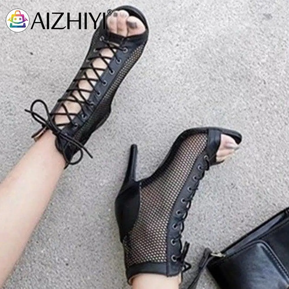 Women High Top Sandals High Heel Mesh Sandals Dance Shoes Summer Booties Pump Shoes for Ballroom 2