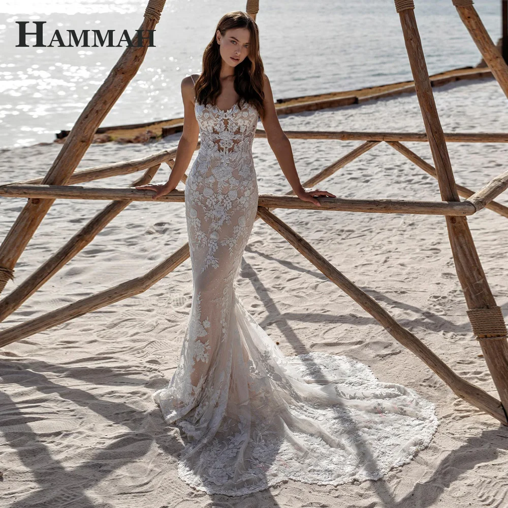 

HAMMAH Luxury Glitter Tulle Wedding Dresses For Mariages Mermaid Spaghetti Strap Illusion With Button Court Train Sleeveless