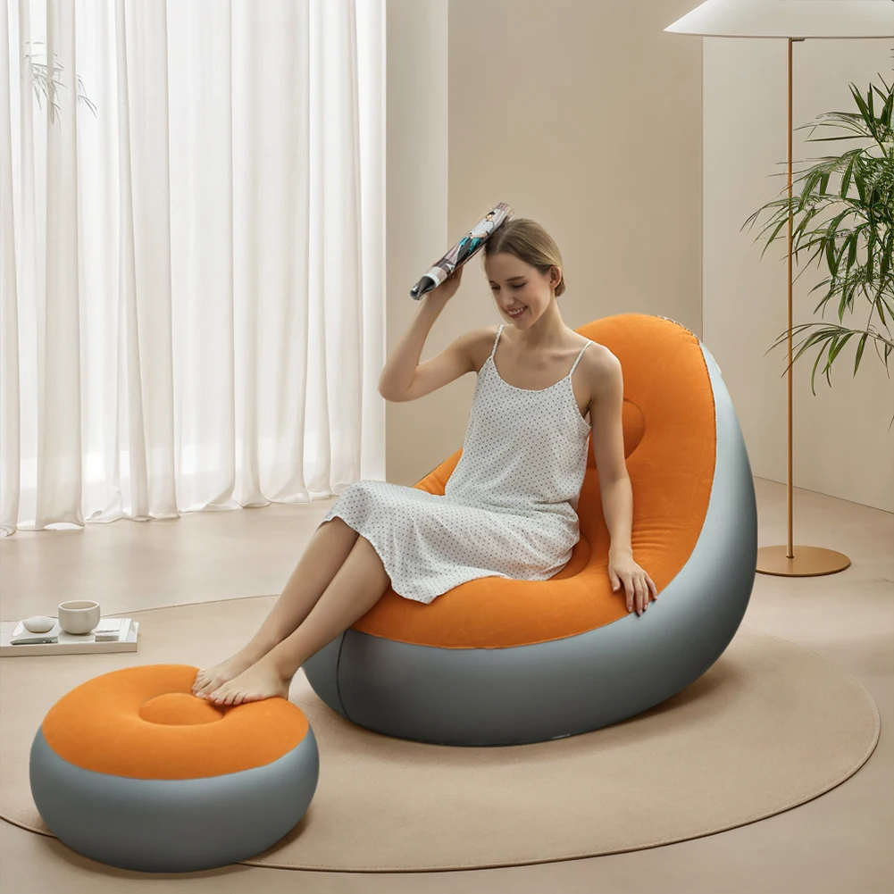PVC Flocking Inflatable Couch Lazy Sofa Foldable Recliner Sofa Chair for Balcony Backyard Camping Picnic RV