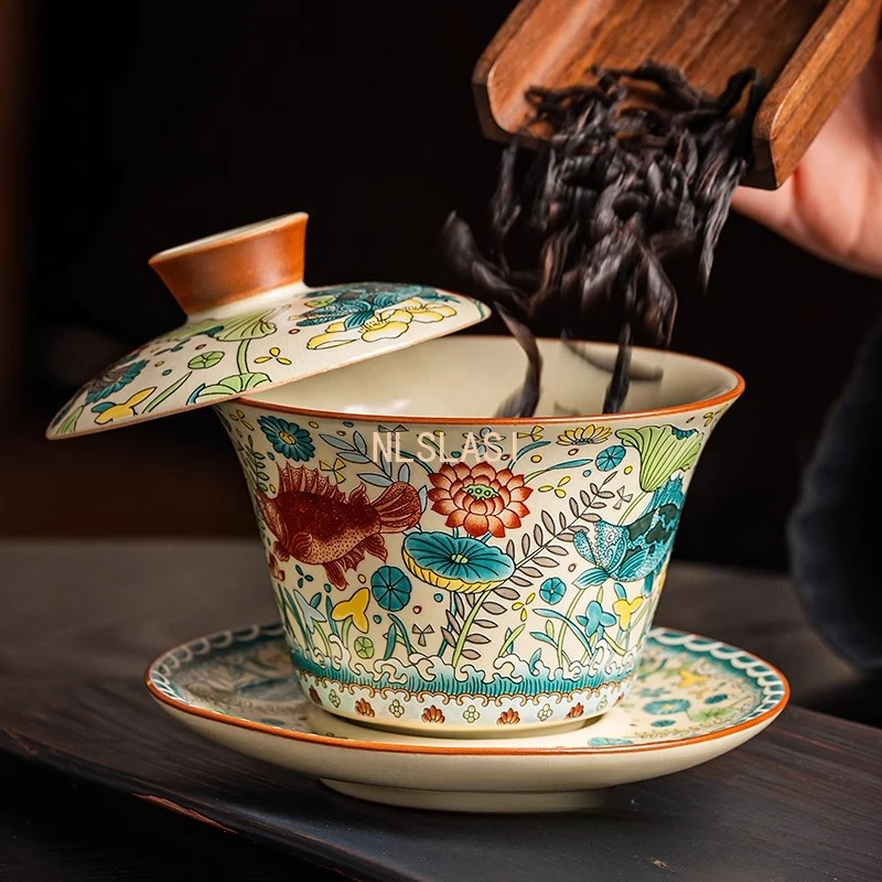 1 pcs Ru kiln opened tea cup Hovering heat-resistant household ceramic lid bowl Tea cup Rotating tea bowl with lid 170ml