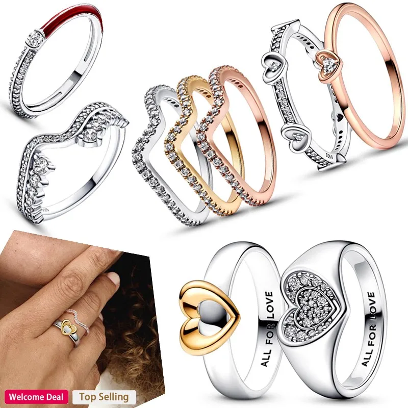 2023 Original Women's 925 Sterling Silver Two Tone Sliding Love Heart Shining Wave Sign Ring Light Luxury DIY Charm Jewelry