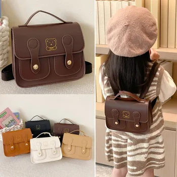 Zaino per Bambini Stile Retrò Universitario, Borsa Quadrata a Doppia Spalla in PU con Orsetto Cartone Animato per Bambini e Bambine, Borsa a Mano per il Tempo Libero