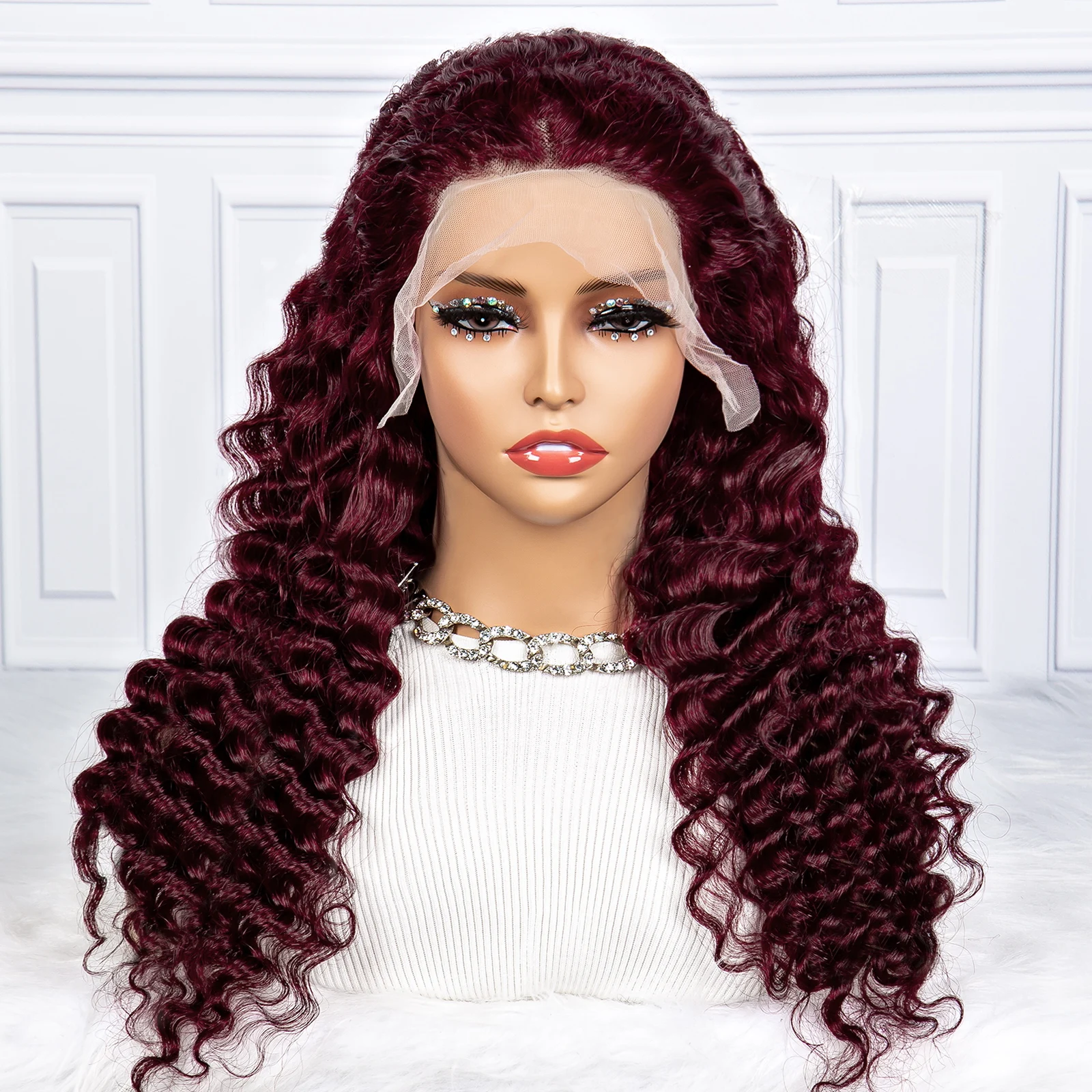250% Density Deep Wave Wavy Human Hair Wigs 99J Color 13x4 Transparent Lace Frontal Brazilian Hair Wig for Black Women