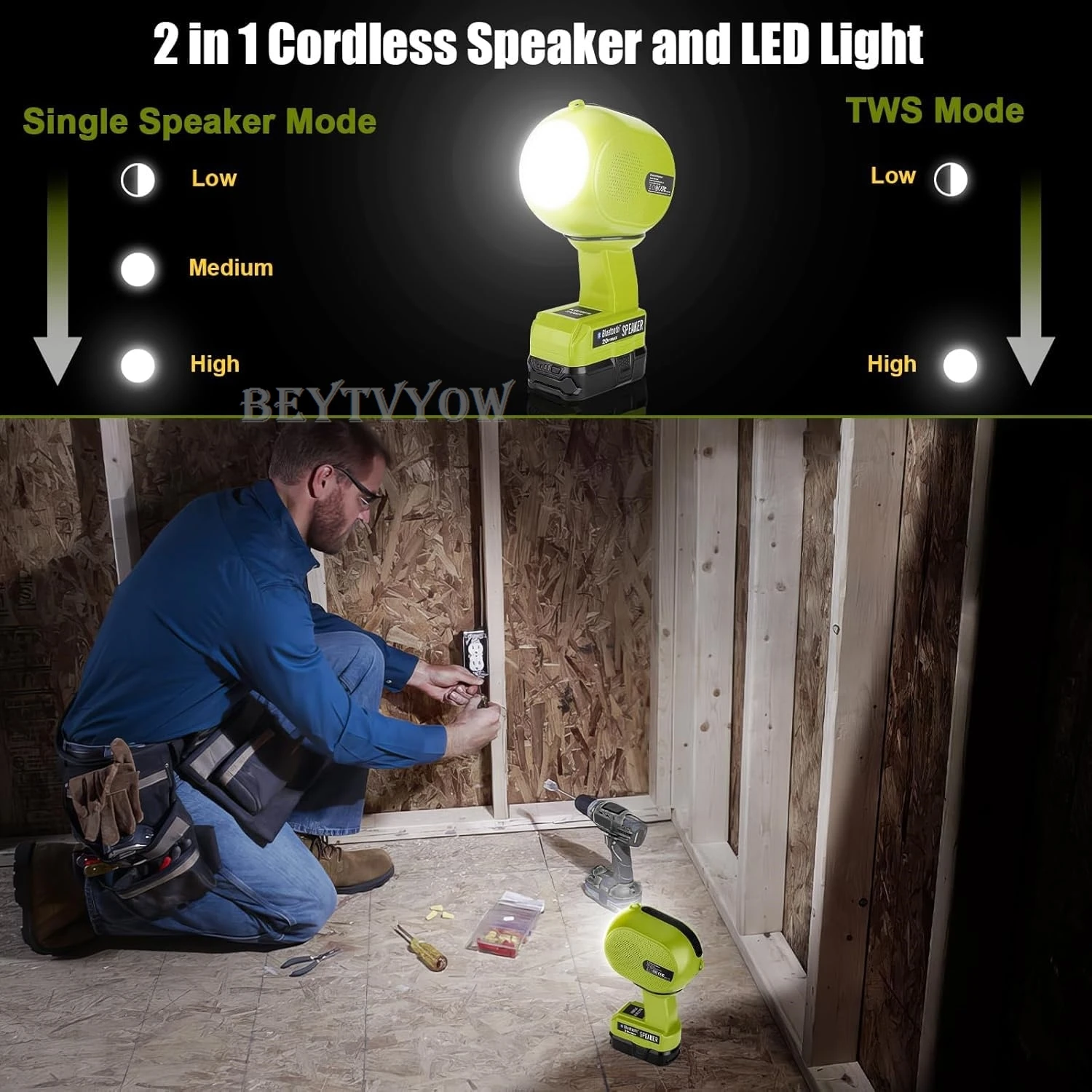 Cordless Bluetooth Speaker Compatible with Ryobi 18V Battery with LED Light USB-