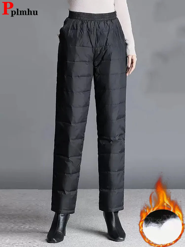 

Winter Fluffy Duck Down Straight Pants Elastic High Waist Warm Oversize Pantalones Thick Windproof Quilted Ankle-length Trousers