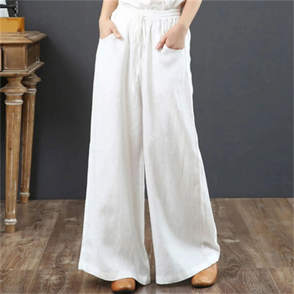 New Women Spring Linen Loose Casual Wide Leg Trousers Elastic-waisted Floor-length Straight-leg Pants Streetwear Oversize Pants
