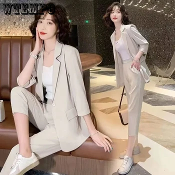 여성용 블레이저 코트 발목 길이 바지 투피스 세트, 우아한 정장 2022, 캐주얼 한국 3 쿼터 의류, 여름 패션, 신상