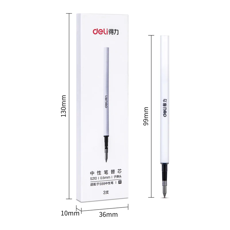 3PCS/BOX Deli S210 0.5mm Bullet Head Neutral Pen Core Gel Pen Refill Black Color 99mm Pen Refill Fit Deli S99 Gel Pen 5