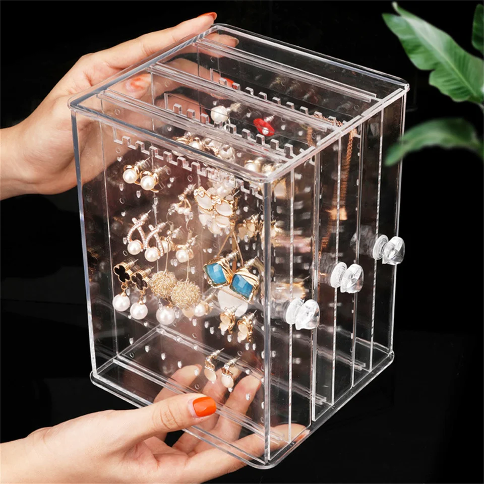 YUFONG Scatola portaoggetti per orecchini, 3 cassetti, in acrilico, trasparente, espositore per gioielli con 72 piccoli scomparti, regalo per donne e ragazze (rosa trasparente