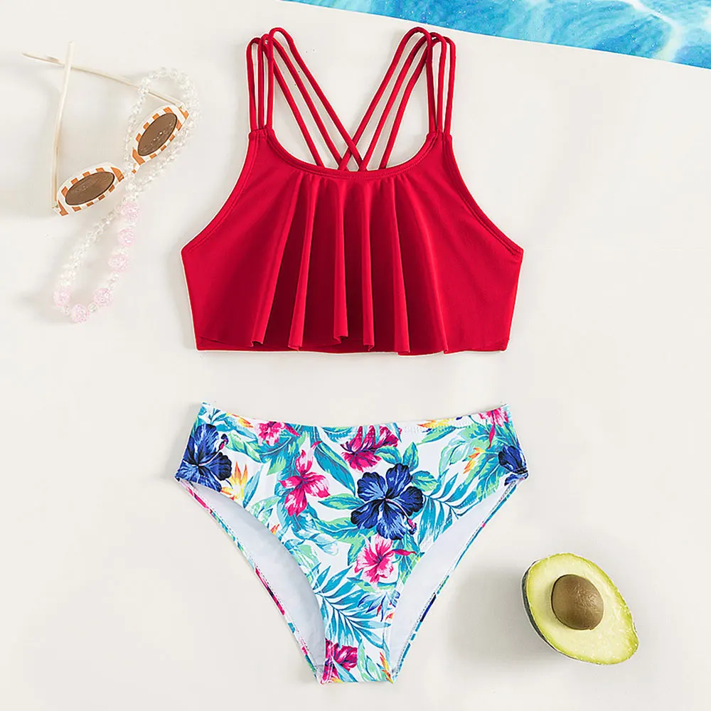 

7-14 Years Floral Girl Bikini Swimsuit Kids Ruffle Flounce Two Piece Children's Swimwear Criss Cross Teenagers Back Bathing Suit
