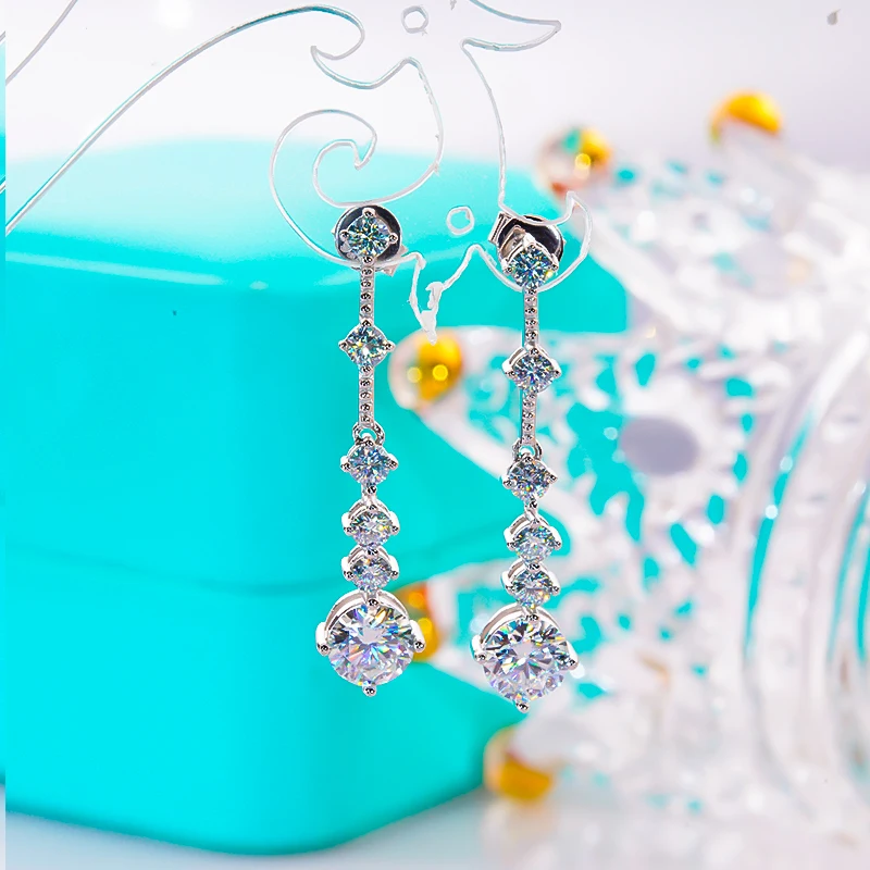 

Luxury Moissanite Wedding Party Drop Earrings Long S925 Silver with Platinum Pt950 Plated for Women Fine Jewelry Never Fade New