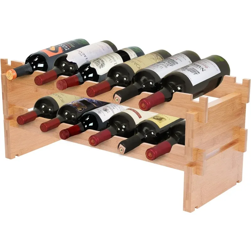 Modular Stackable Bamboo Wooden Wine Rack; Easy to Assemble & Add Levels; Bottles Rest Slanting Downwards to Keep Corks Moist;