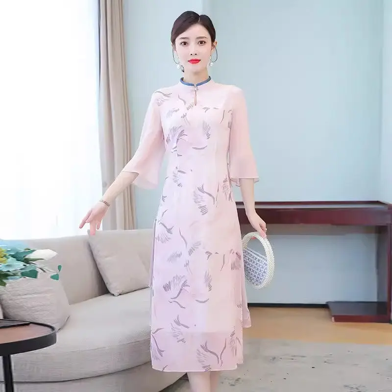 

New Chinese Style Dress 2024 Summer Fashion Youth Elegant Retro Printed Chiffon Chiffon Qipao Cheongsam Midi Vestidos k1217