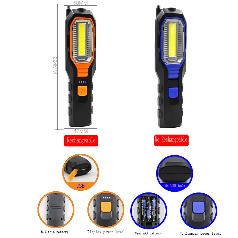 USB Rechargeable LED Flashlight Work Light Lamp LEDs Torch Support Stand Swivel Hook for Camping Workshop Car Repair portable flashlight