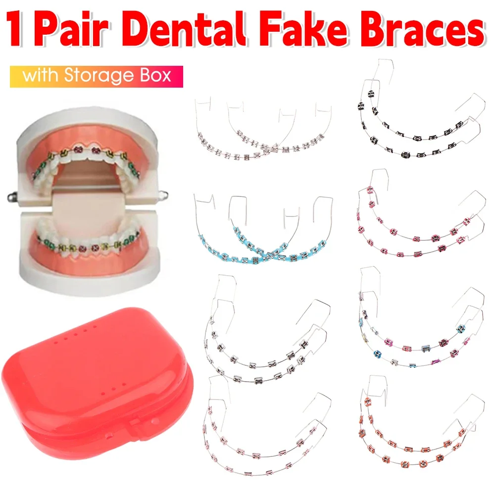 1 Pair Temporary Tooth Decoration Dental Fake Braces with Metal Wires & Bracket Dental Metal Bracket Dental Tool for Tooth Decor