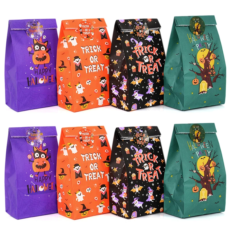 

12pcs Halloween Theme Paper Bags Cookie Candy Snack Bag Gift Packaging Bag Kids Trick or Treat Favors Halloween Party Decoration