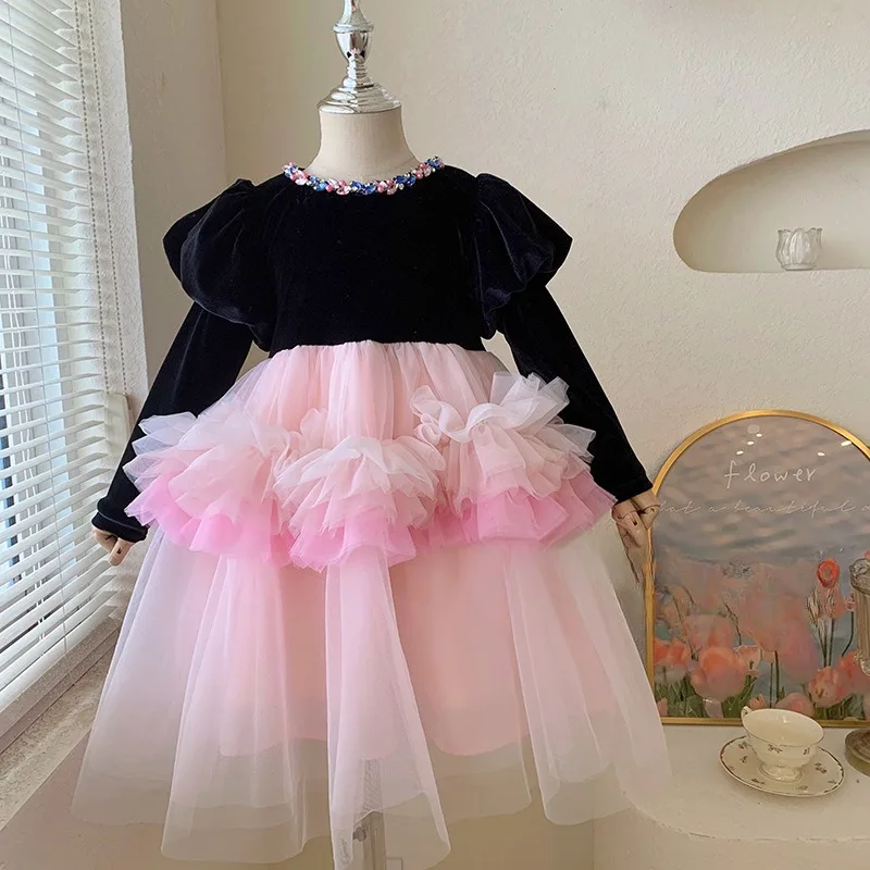 

New Girls One Piece Velvet Bubble Sleeve Dress Plush Autumn Winter Warm Soft Aweet Lovely Fashion Outdoor Party