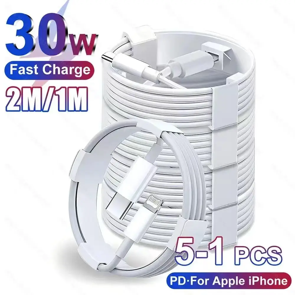 Cabo de Carregamento Rápido de 30W (5-1 peças) para iPhone Pro Max Mini, Cabo USB-C para X XR XS MAX 7 8 14 Plus 6