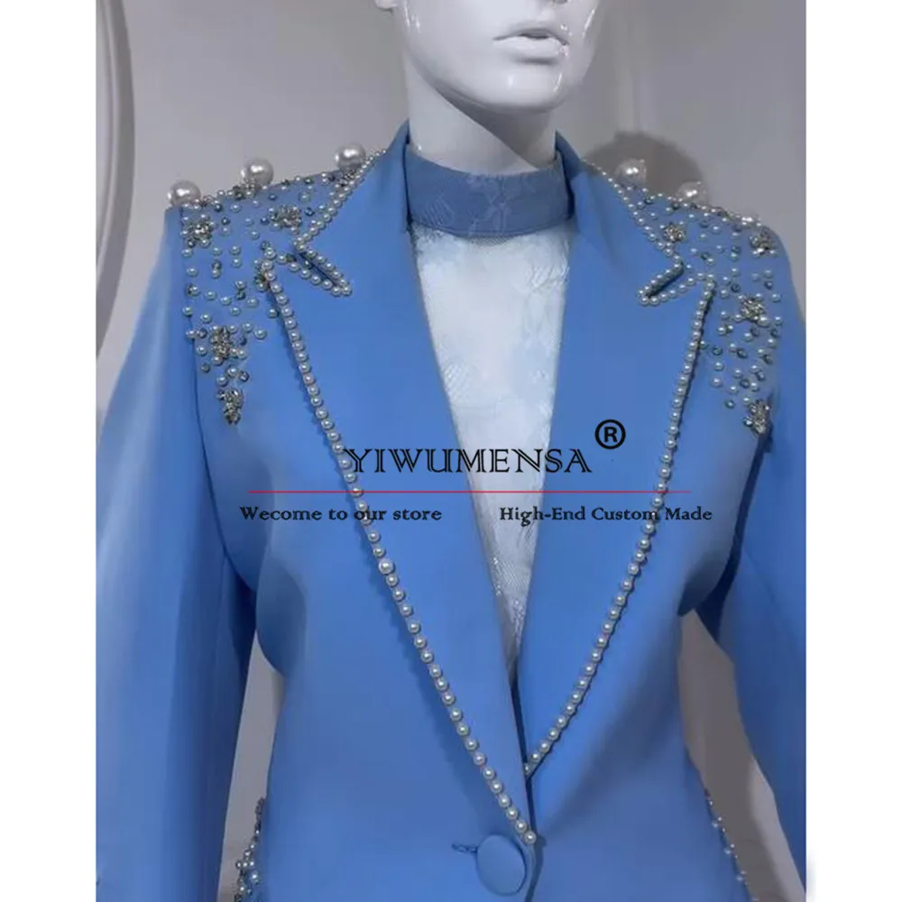 Luxury Blue Suits Women Formal Wedding Guest Party Gowns Sparkly Crystals Beading Jacket Pants 2 Pieces Mother Of Bride Dresses