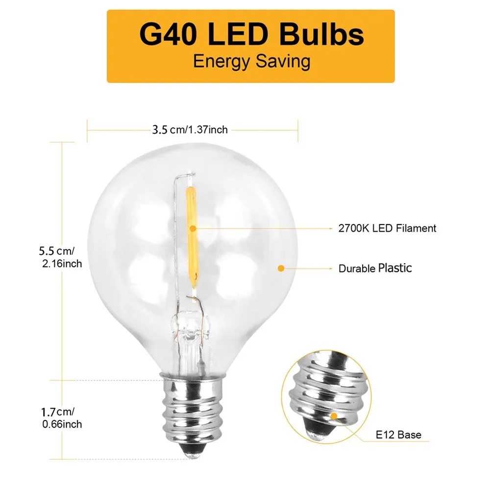 25Pcs G40 문자열 전구 교체 120V/220V 텅스텐/LED 전구 E12 기본 소켓 홀더 전구 홈 정원 장식