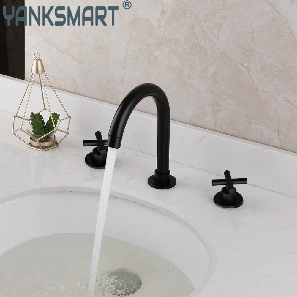 

YANKSMART Bathroom Bathtub Faucet Matte Black Basin Sink Deck Mounted Faucets 3 Hole Double Handle Hot And Cold Mixer Water Tap