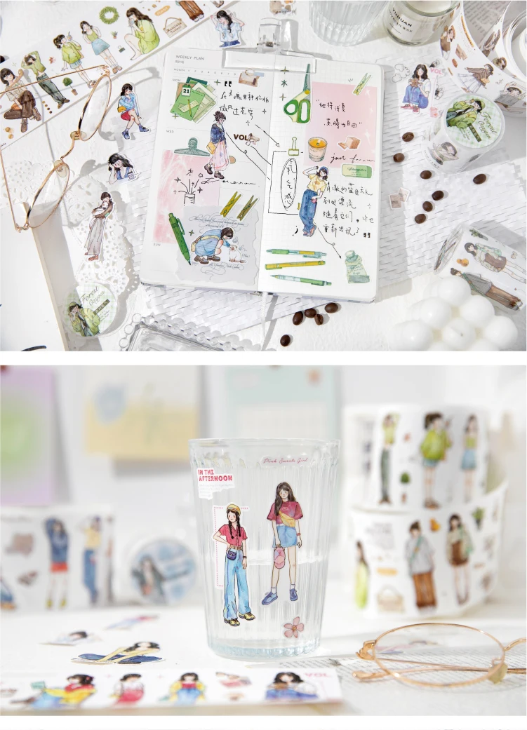 Journal GO 6 x 200 cm Kawaii Scrapbooking Charakter Masking Tape Dekor Tagebuch Album Ästhetik Briefpapier Junk Journal Tape Aufkleber – Detail 8