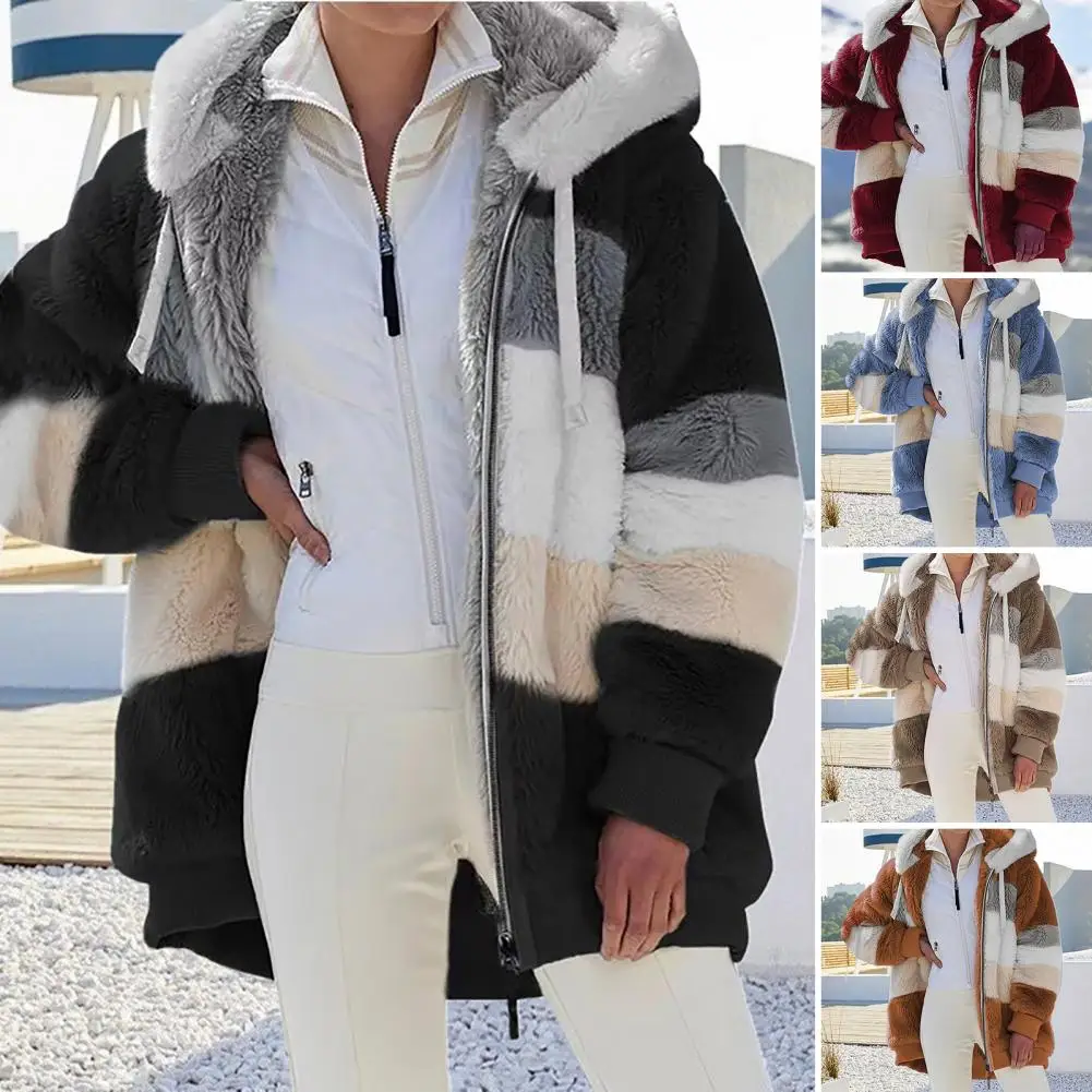 

Trendy Lady Autumn Jacket Cardigan Furry Fluffy with Hat Plush Lady Autumn Jacket