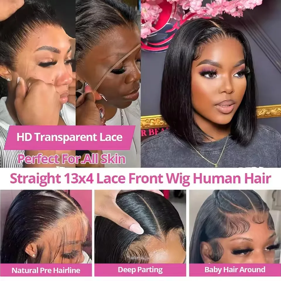 Bone Straight Bob Wig Human Hair 13x4 Lace Wigs HD Transparent Lace Human Hair 4x4 Short Wig Pre Plucked 200% Density For Women 6